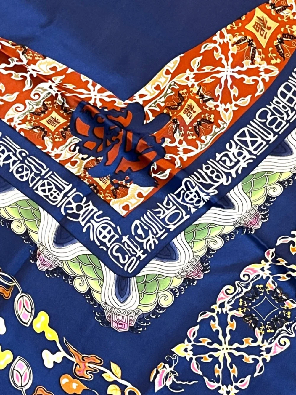 Vintage Silk Scarf Chinese Motif Beautiful colorful Silk Scarf Hand Rolled Edge